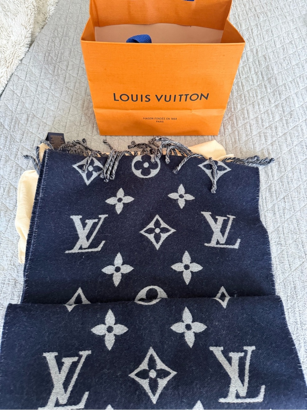 Louis Vuitton Navy & White Monogram Fringed Scarf